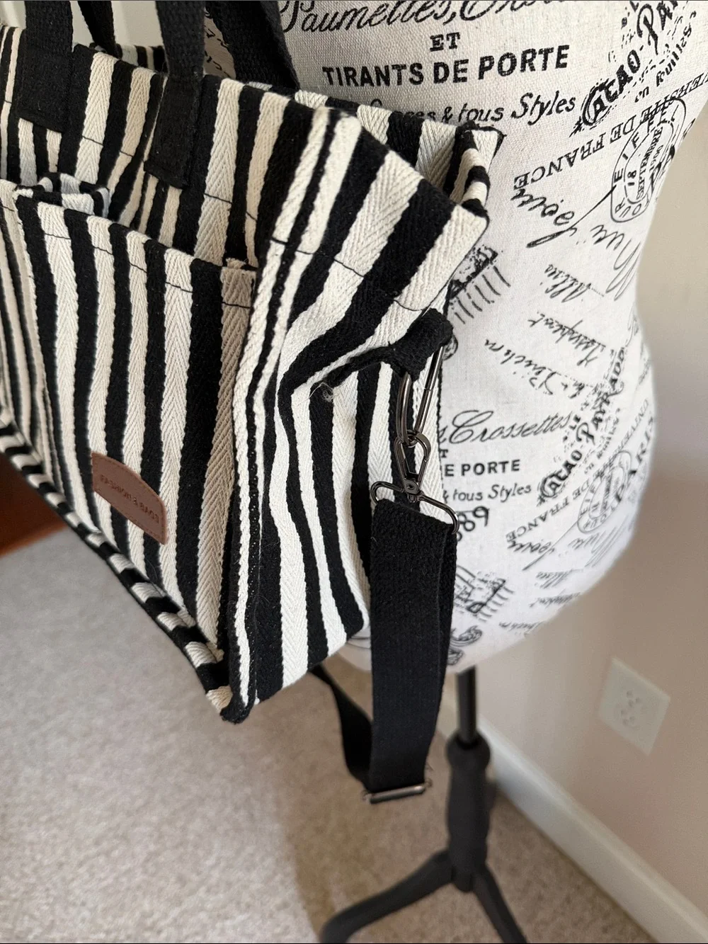 Striped Black & White Tote Bag with Front Pockets - Picture 2 of 4